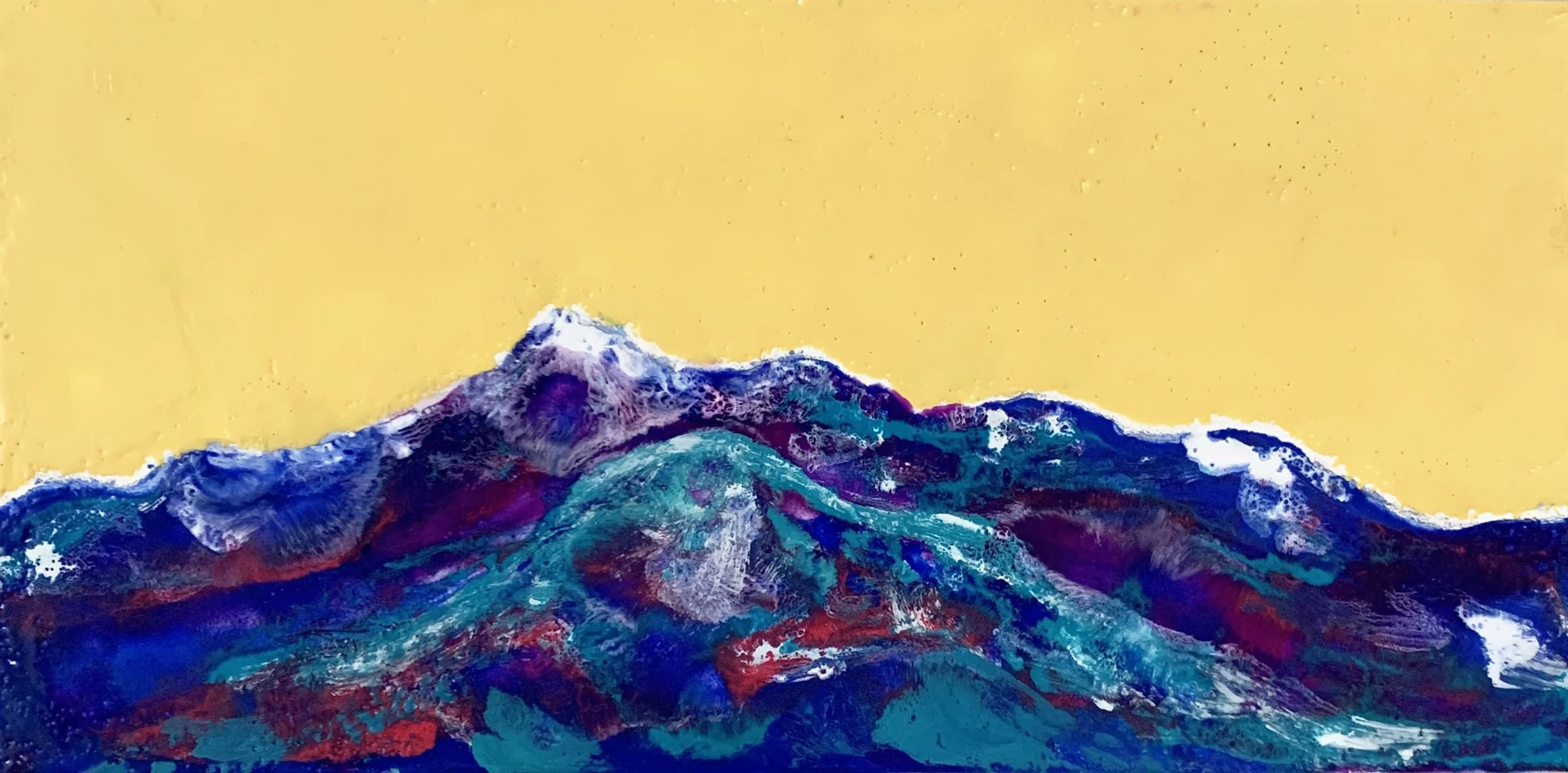 mountain glow, painting of purple mountains against a golden